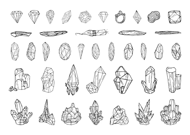 Collection of monochrome illustrations of gemstones in sketch style