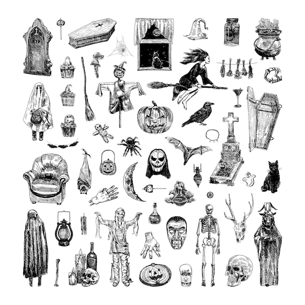 Collection of monochrome illustrations of halloween