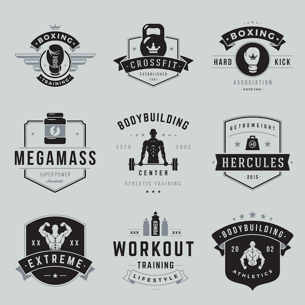 Collection monochrome vintage style powerlifting emblem place for text vector illustration