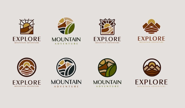 A collection of mountain adventure logos including mountain and explore.