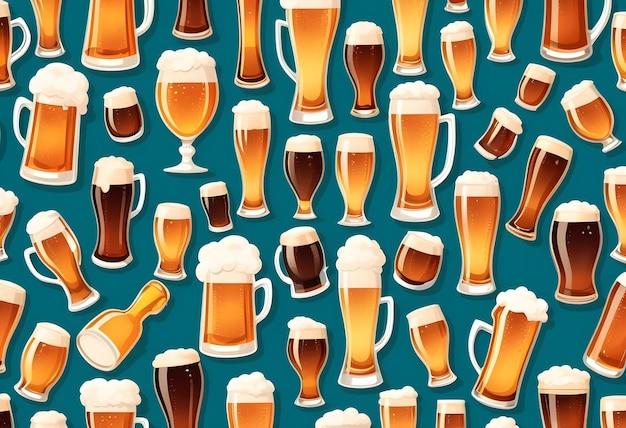 a collection of mugs of beer isolated on green background