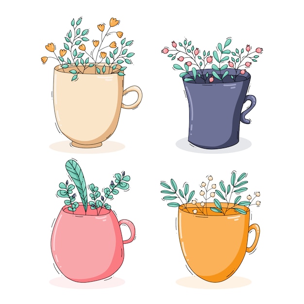 Collection mugs with flowers and leaves