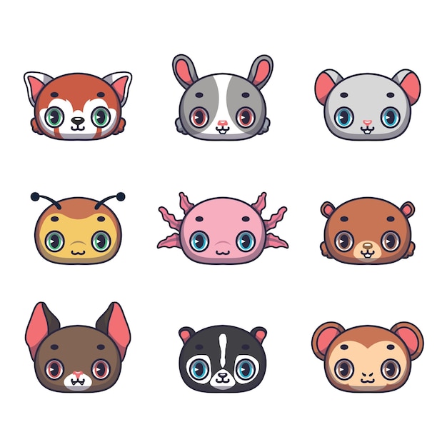 Collection of nine animals including red panda rabbit mouse bee axolotl bear bat skunk monkey