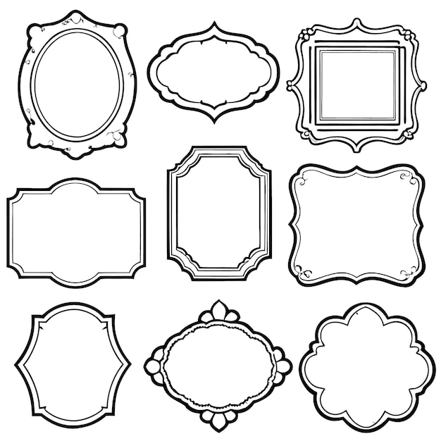 Vector collection of nine blank black and white ornate frames on a white background