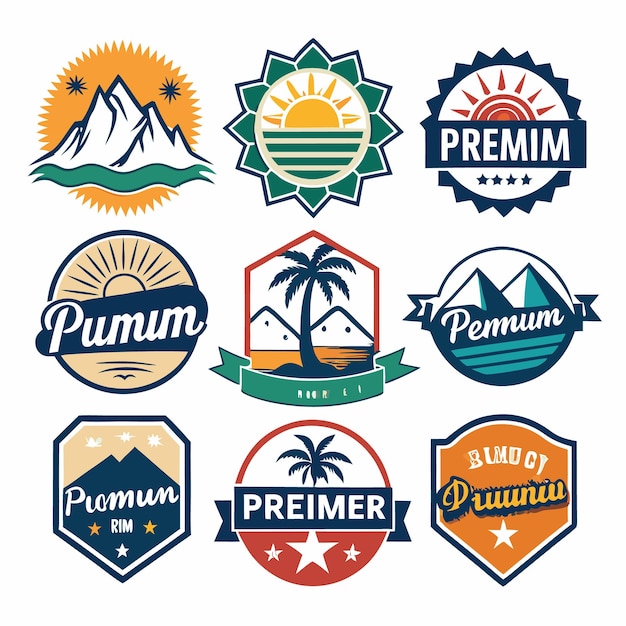 Collection of nine colorful logo designs with a summer theme and mountain sun and palm tree imagery