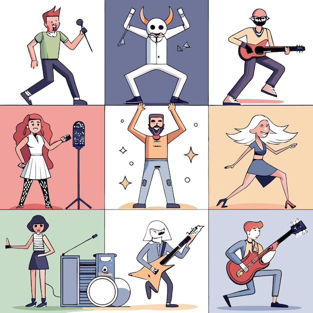 Vector a collection of nine illustrations depicting musicians in various poses