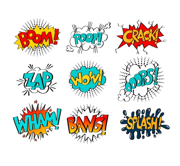 Collection of nine multicolored comic sound effects in pop art style bubble speech with word set