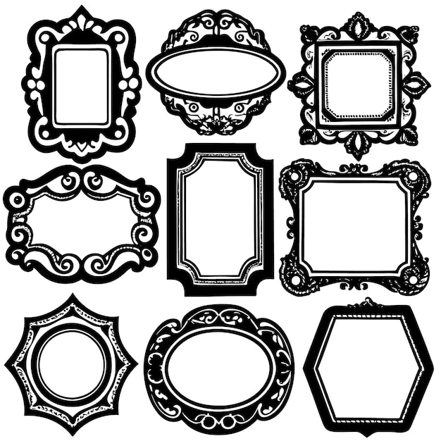 Collection of nine ornate black and white frames