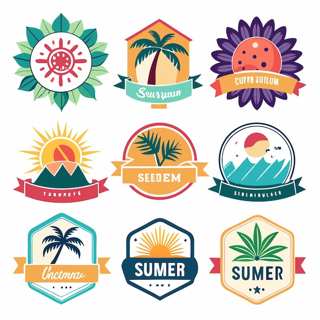 Vector collection of nine summer season themed badges with palm trees flowers and suns in various styles