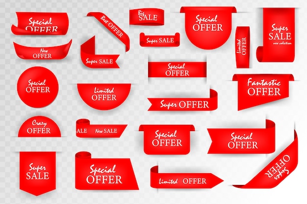 Collection of offer tags ribbon sale banners isolated red discount labels