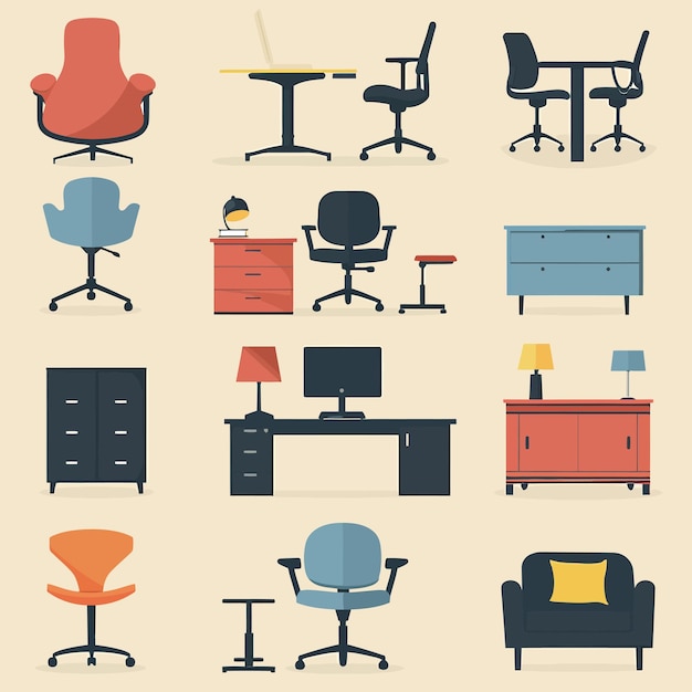 Vector a collection of office furniture including one chair a desk and a lamp