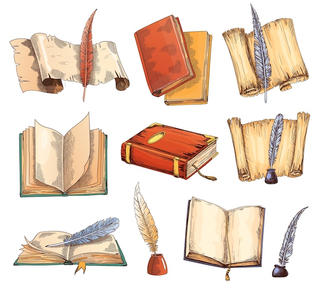 Collection of old books and antique quills Education and wisdom concept Vector icons for education and literature theme design Vintage books and feathers icons