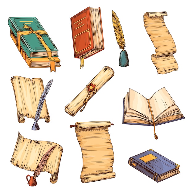 Collection of old books and antique quills with inkbottle Set of education and wisdom icon symbol Vector illusration for education and literature theme design Vintage library design elements