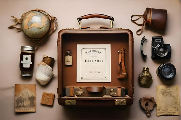 Vector a collection of old items including a brown suitcase with a map of the world on the top