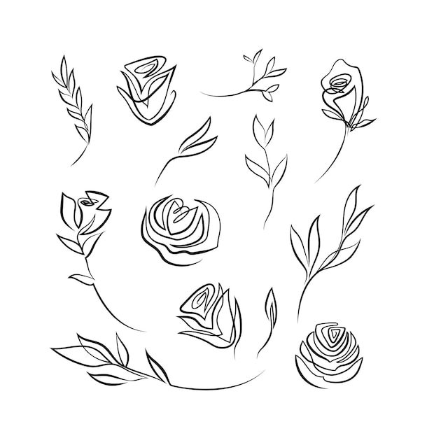 Collection of One line rose design Hand drawn minimalism style vector illustration