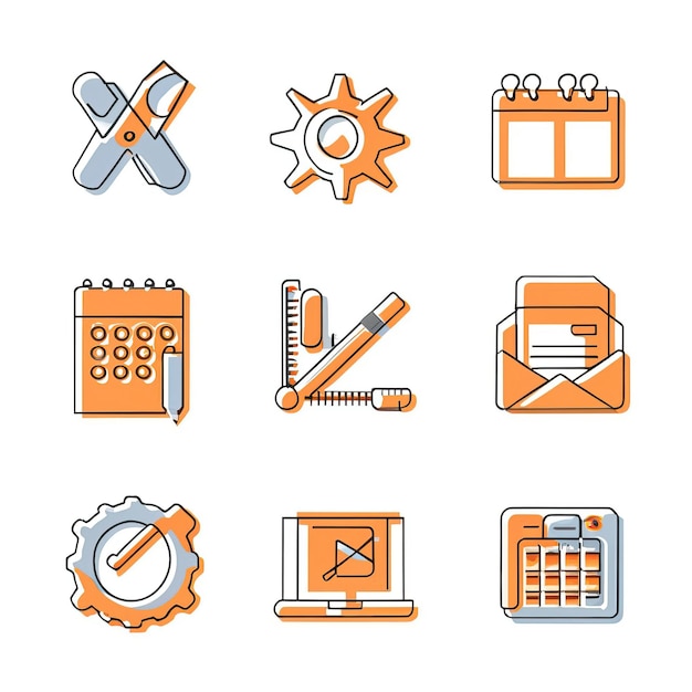 a collection of orange and blue icons with a pen and a ruler