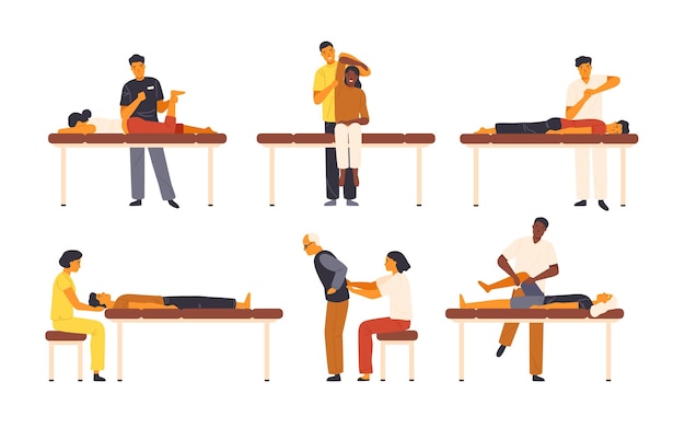 Collection of osteopaths performing treatment manipulations or massaging their patients. Set of specialists in osteopathy, chiropractic or manual therapy. Vector illustration in flat cartoon style.