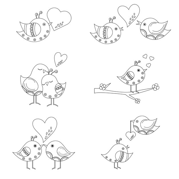 Collection of outline of cartoon birds in love Valentine's Day