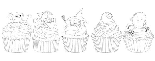 Collection outlines halloween cupcakes. Hand drawn black and white line art doodle.