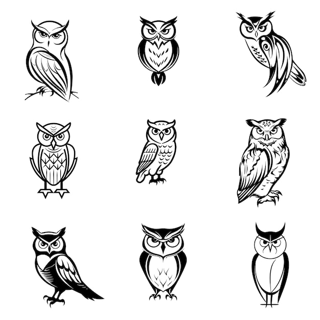 a collection of owls black and white outlines