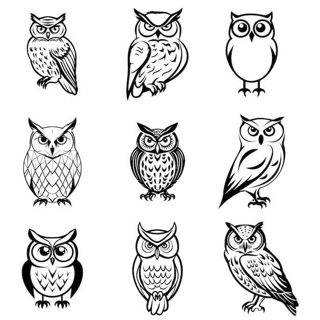 Vector a collection of owls black and white outlines