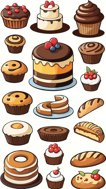 Vector a collection of pastries and bakeries cartoon drawing artwork illustration vector