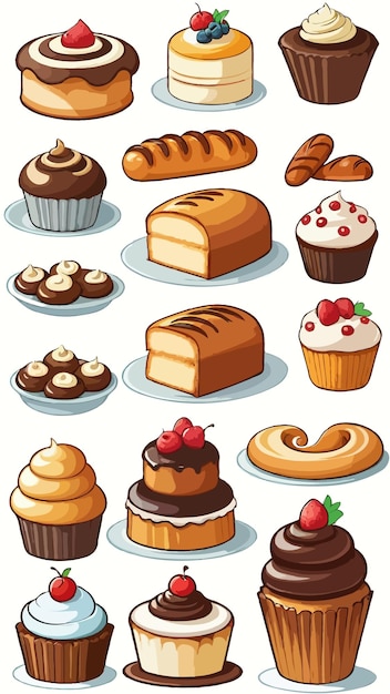 a collection of pastries and bakeries cartoon drawing artwork illustration vector