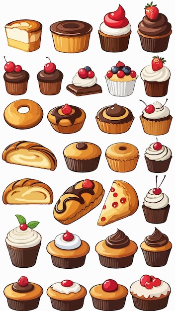 a collection of pastries and bakeries cartoon drawing artwork illustration vector