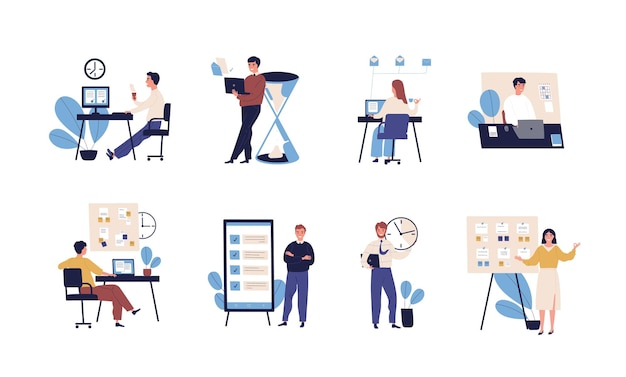 Collection of people successfully organizing their tasks and appointments. Set of scenes with efficient and effective time management and multitasking at work. Flat cartoon vector illustration.