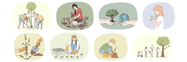 Collection of people take care of plant grow seedlings into trees Set of volunteers growing greenery Concept of planet earth and nature conservation Gardening hobby Vector illustration