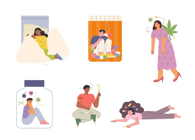 A collection of people who are addicted to various drugs. flat vector illustration.