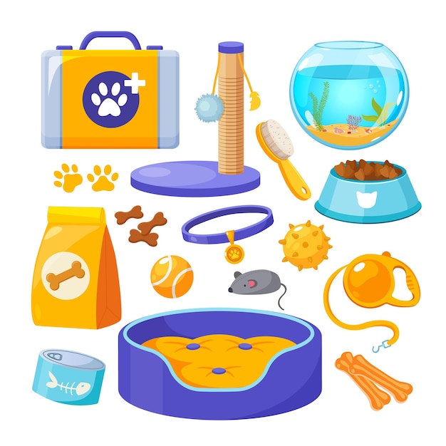 Vector collection of pet supplies includes animal food toys care things etc