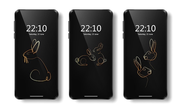 Collection of phone wallpapers with golden linear rabbits on black background. Luxury backdrop