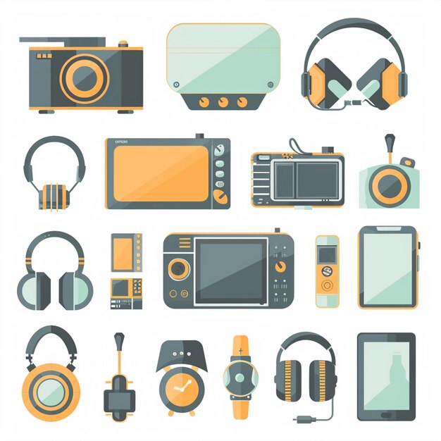 Vector a collection of photos including a camera headphones and other electronic devices