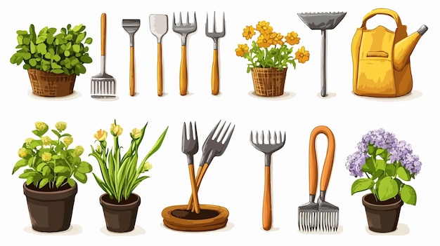 Vector a collection of pictures of different gardening tools including a plant a pot with flowers a plant and a pot of flowers