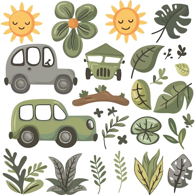 a collection of pictures of different types of plants including a car car and sun