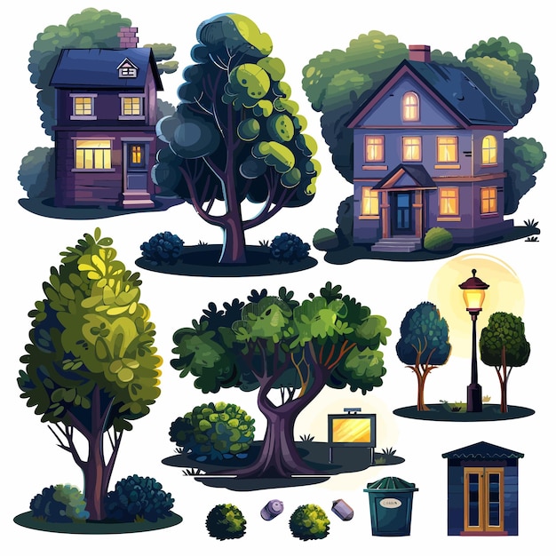 Vector a collection of pictures of a house and trees