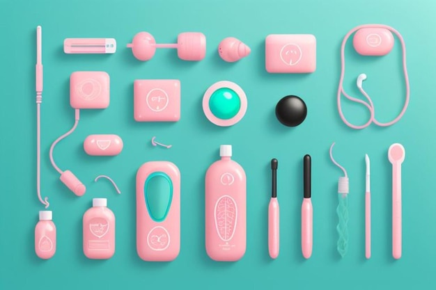 a collection of pink cosmetic products including a pink bottle of mouthwash