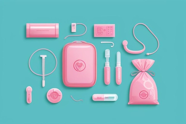 a collection of pink items including a pink case with a pink case that says hello kitty