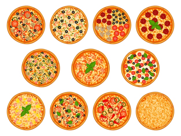 Collection of pizza with various ingredients.