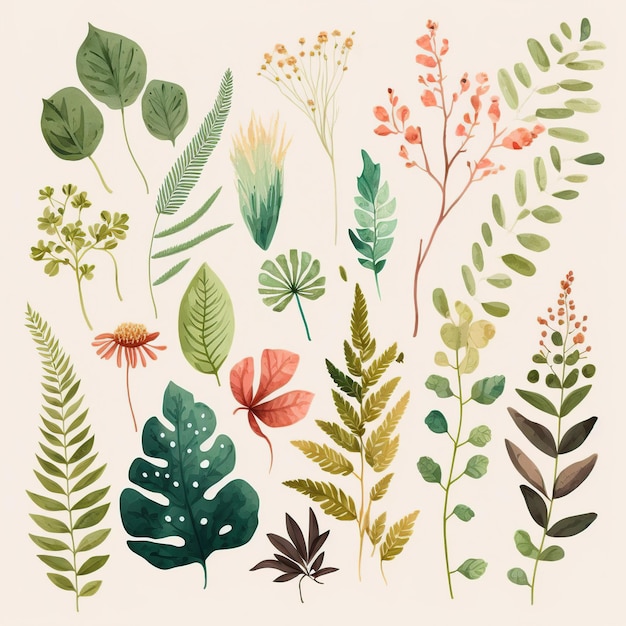 A collection of plants and leaves.