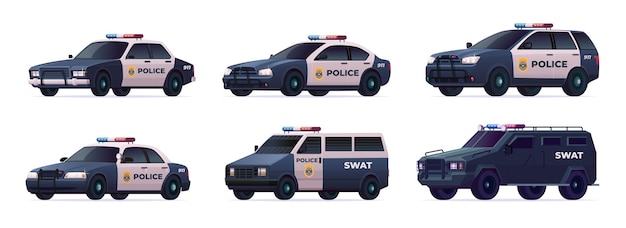 Vector collection of police cars of various types. city urban police car, van, suv, pursuit and swat truck.