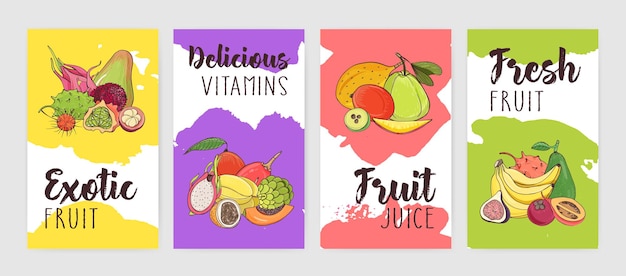 Collection of poster of flyer templates with piles of delicious ripe fresh juicy exotic tropical fruits against bright colored paint stains or blots on background. Colorful vector illustration.