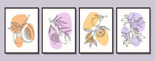 collection of posters with different fruits papaya pomegranate orange passion fruit