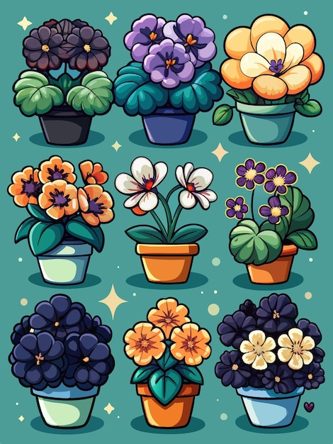 Vector a collection of pots with flowers and stars