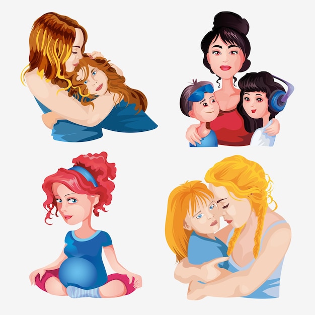 Collection of pregnant womans gymnastic exercise couple woman hugs babies Happy pregnancy set Vector illustration in cartoon style for Mothers Day