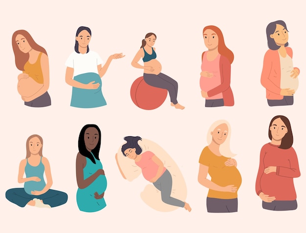 Collection of pregnant women doing gymnastic exercise, sleeping, meditating.Happy pregnancy set.