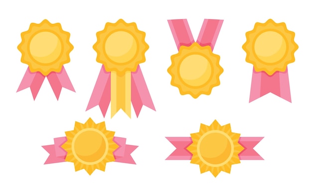 Collection quality guarantee gold medal with pink ribbon Rosette hight quality mark award Trophies with ribbon Vector illustration in flat style isolated on white background