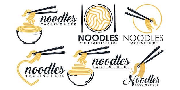 Collection of ramen noodle icon logo design for ramen restaurant with unique concept Premium Vector