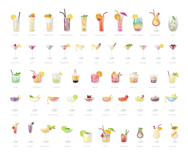 Collection of realistic cocktails.